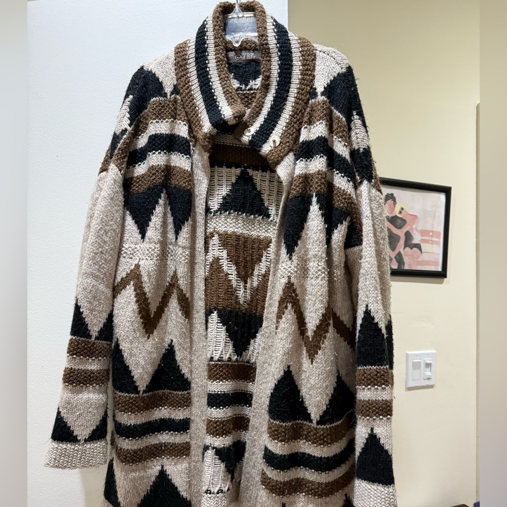 Vintage Women’s Beige, Brown and Black Geometric print mohair knit cardigan, M